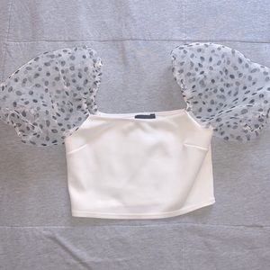 White Crop w/ Organza Balloon Sleeves